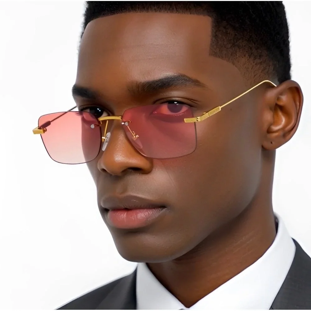 Mens Hip Hop Sunglasses Gold Metal Frame Pink Gradient Lens‎ Retro